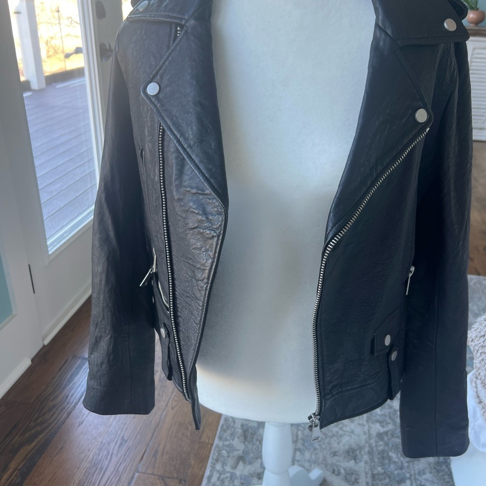 7 for all Mankind Size Small Black Leather Moto Jacket - Picture 3 of 11